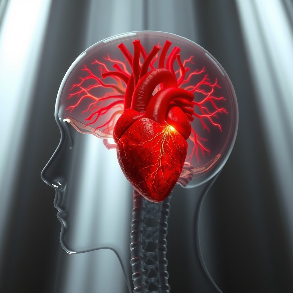 Inside a human head where the brain is replaced by a beating heart