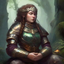 A dwarven female kineticist, encased within her robust heavy armor, settles into a serene meditation. The tangible radiance of nature's energy cascades and floats around her, symbolising her intimate bond with the elemental forces.