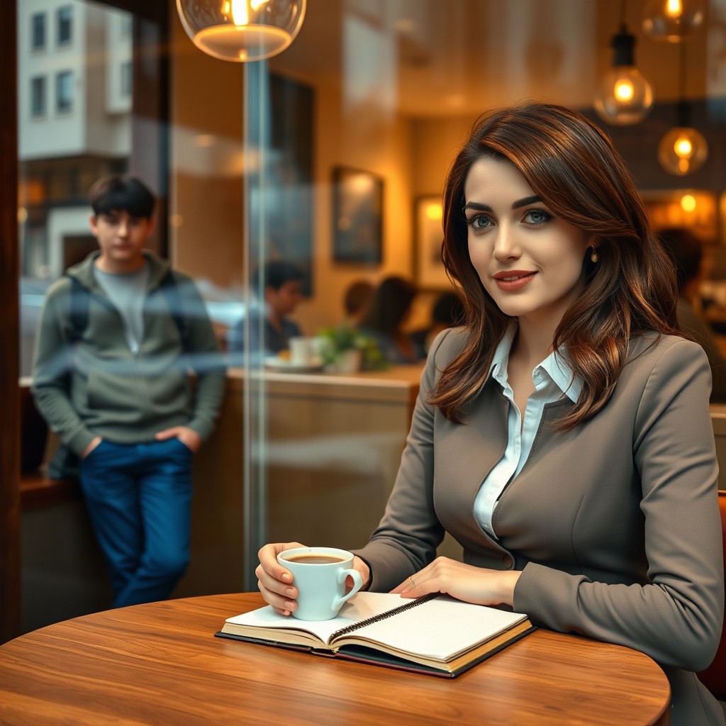 A realistic scene inside a cozy café featuring a 20-year-old woman with brown hair, elegantly dressed, holding a cup of coffee with a notebook beside her on a wooden table