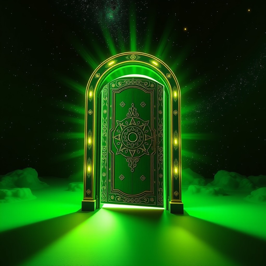 A vivid green screen depicting a dimensional door, radiating a sense of mystery and adventure
