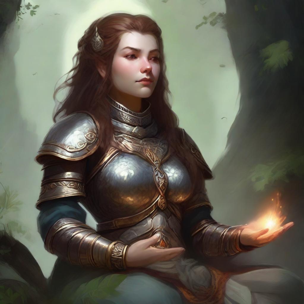 A dwarven female kineticist, encased within her robust heavy armor, settles into a serene meditation. The tangible radiance of nature's energy cascades and floats around her, symbolising her intimate bond with the elemental forces.