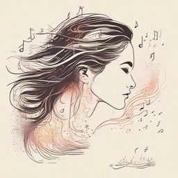 Design a detailed drawing of a side-profile woman on a beach at sunset. Her hair forms flickering flames in the wind, accompanied by an array of music notes floating around her.