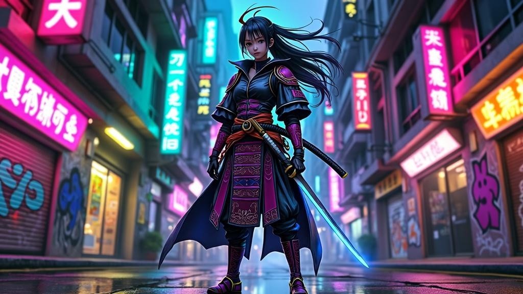 An anime-style cyberpunk samurai standing proud in a vibrant neon-lit alley