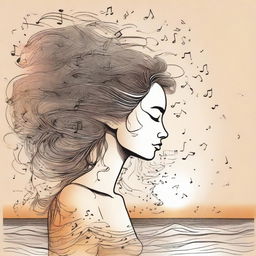 Design a detailed drawing of a side-profile woman on a beach at sunset. Her hair forms flickering flames in the wind, accompanied by an array of music notes floating around her.