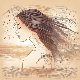 Design a detailed drawing of a side-profile woman on a beach at sunset. Her hair forms flickering flames in the wind, accompanied by an array of music notes floating around her.