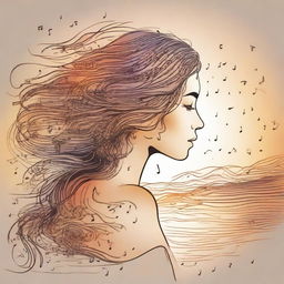 Design a detailed drawing of a side-profile woman on a beach at sunset. Her hair forms flickering flames in the wind, accompanied by an array of music notes floating around her.