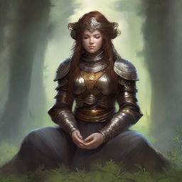 Engulfed in tranquillity, a dwarven female kineticist encased in heavy armor meditates. The circulating aura of nature's energy hovering and weaving around her encapsulates her deep connection to the elemental world.