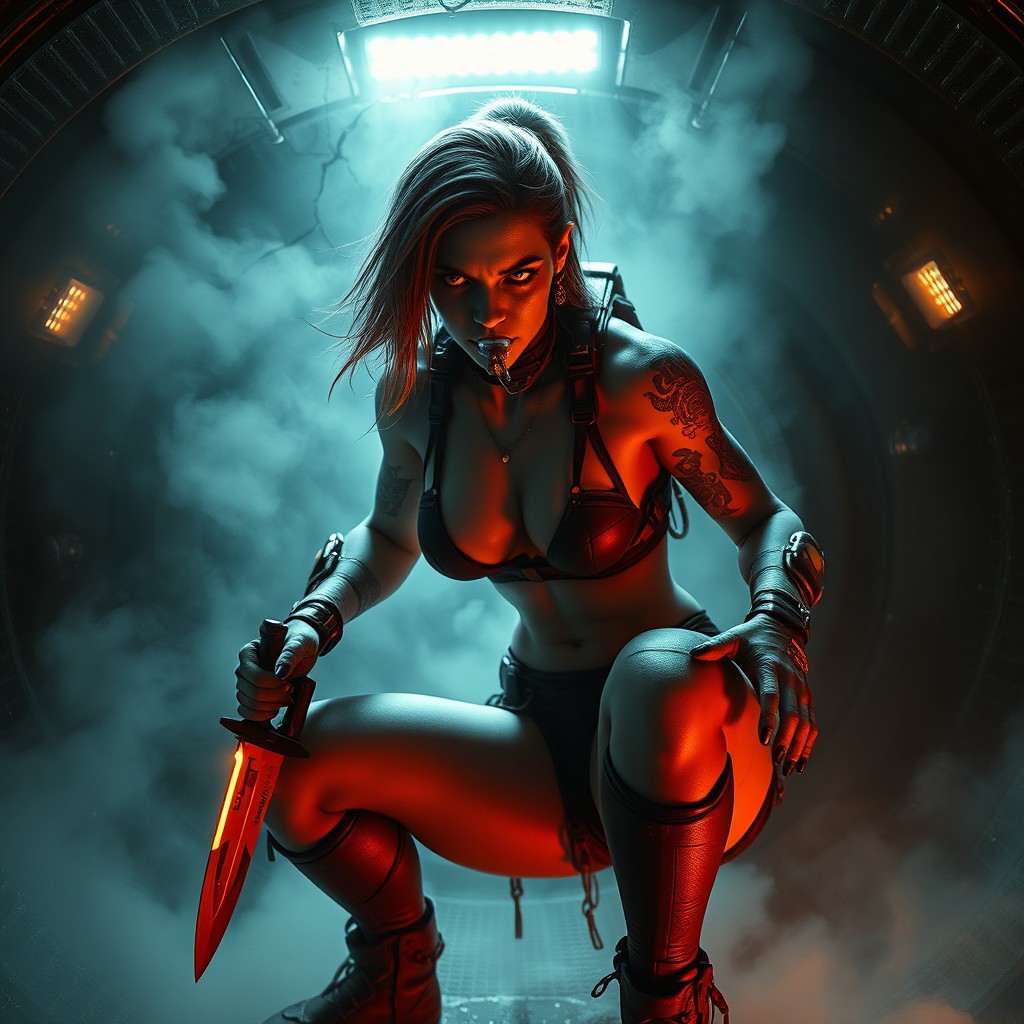 A fierce genetically-modified female warrior emerging from a cracked cryopod in a smoky, dimly lit tech-ritual chamber