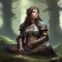 Engulfed in tranquillity, a dwarven female kineticist encased in heavy armor meditates. The circulating aura of nature's energy hovering and weaving around her encapsulates her deep connection to the elemental world.