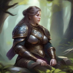 Engulfed in tranquillity, a dwarven female kineticist encased in heavy armor meditates. The circulating aura of nature's energy hovering and weaving around her encapsulates her deep connection to the elemental world.