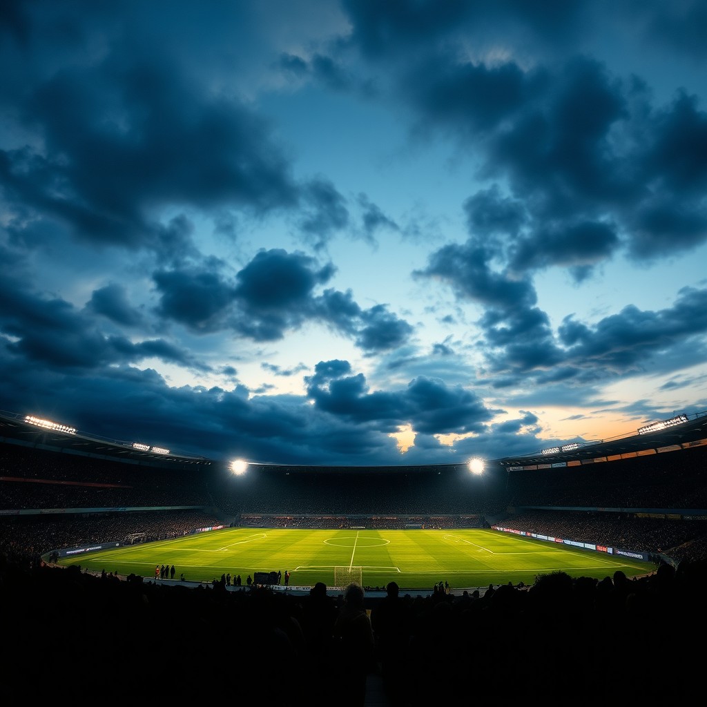 A stadium illuminated at dusk with bright spotlights shining down and stands filled with shadows