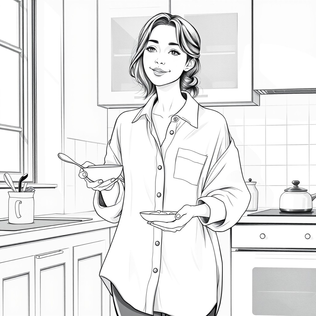 A graceful woman standing in a softly lit kitchen, depicted in a black-and-white pencil-style digital illustration