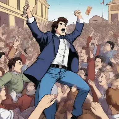 The protagonist's victory in the final battle was met with cheers of glee from his supporters.