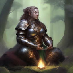 Engulfed in tranquillity, a dwarven female kineticist encased in heavy armor meditates. The circulating aura of nature's energy hovering and weaving around her encapsulates her deep connection to the elemental world.