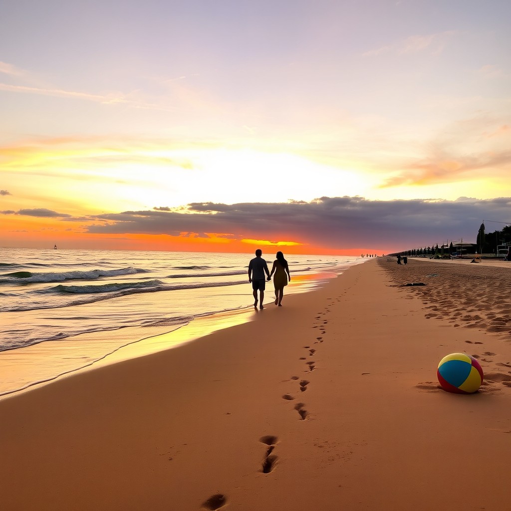 A serene beach scene at sunset, featuring soft golden sands and gentle waves lapping at the shore