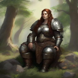 Centered in meditation, a dwarven female kineticist, clad in her substantial heavy armor, radiates her deep-seated connection with nature. The echoing energy of nature gyrates and floats intensively all around her.