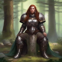 Centered in meditation, a dwarven female kineticist, clad in her substantial heavy armor, radiates her deep-seated connection with nature. The echoing energy of nature gyrates and floats intensively all around her.