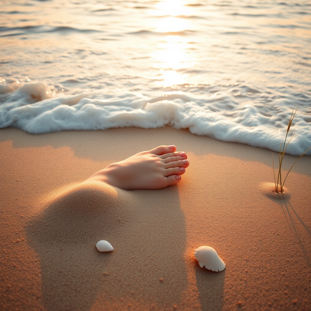 A beautiful and serene beach scene with gentle waves crashing onto a feminine foot resting in soft, golden sand