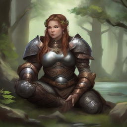 Centered in meditation, a dwarven female kineticist, clad in her substantial heavy armor, radiates her deep-seated connection with nature. The echoing energy of nature gyrates and floats intensively all around her.