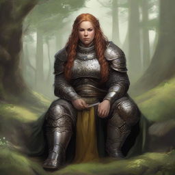 Centered in meditation, a dwarven female kineticist, clad in her substantial heavy armor, radiates her deep-seated connection with nature. The echoing energy of nature gyrates and floats intensively all around her.