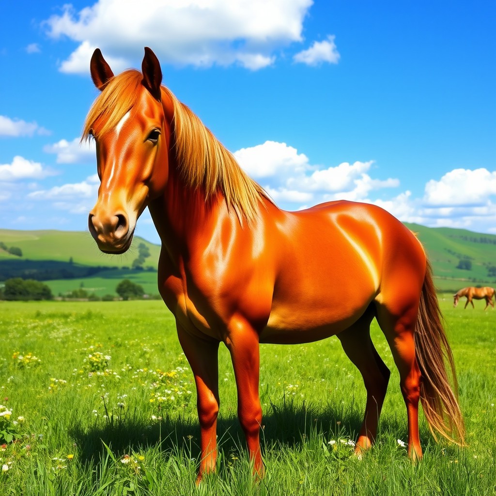 A majestic horse standing proud in a lush green meadow, its glossy mane flowing in the gentle breeze