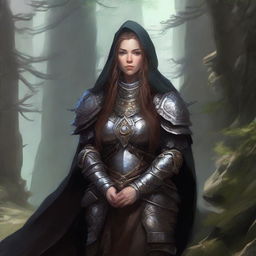 Immersed in deep meditation, a dwarven female kineticist, cloaked in rugged heavy armor, forms a peaceful tableau as the soothing energy of nature resonates and levitates around her, manifesting her solid bond with the elemental world.