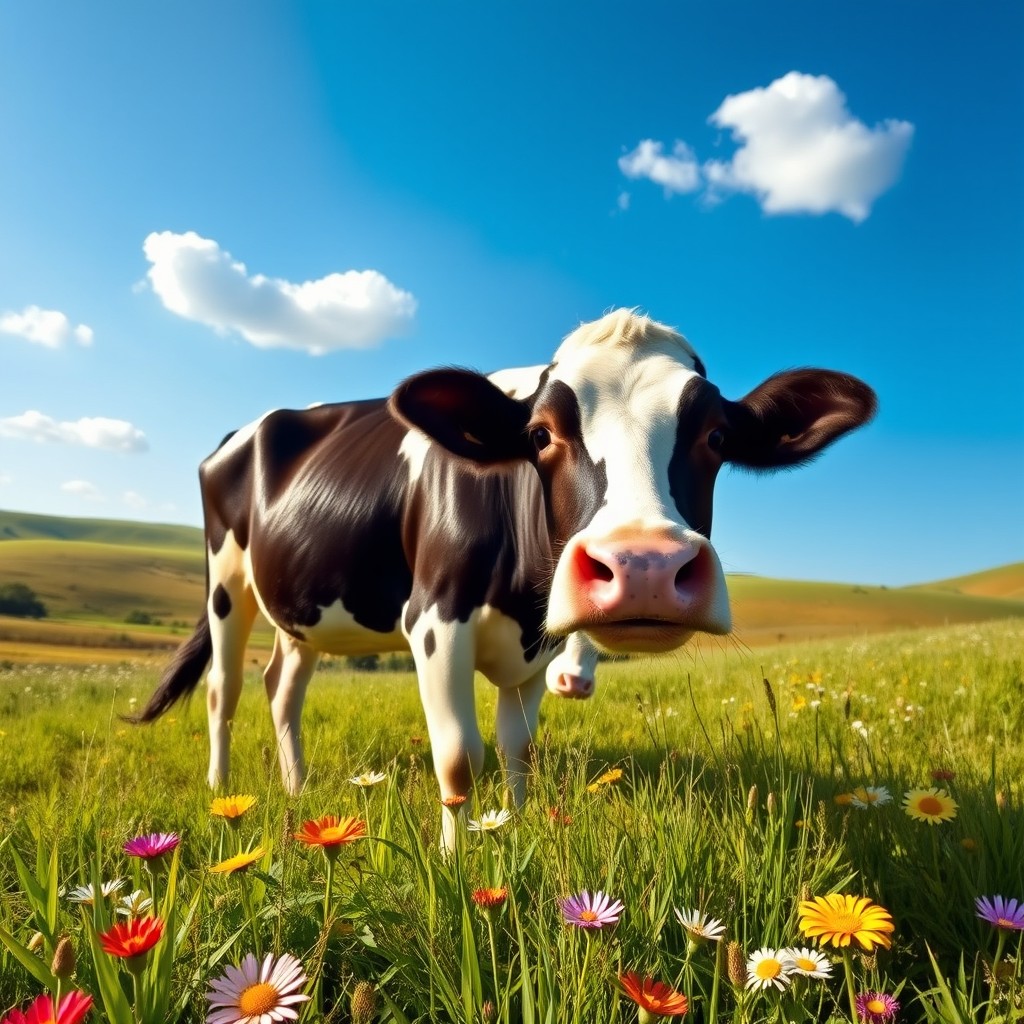 A content cow grazing peacefully in a sunlit pasture, surrounded by vibrant green grass and colorful wildflowers