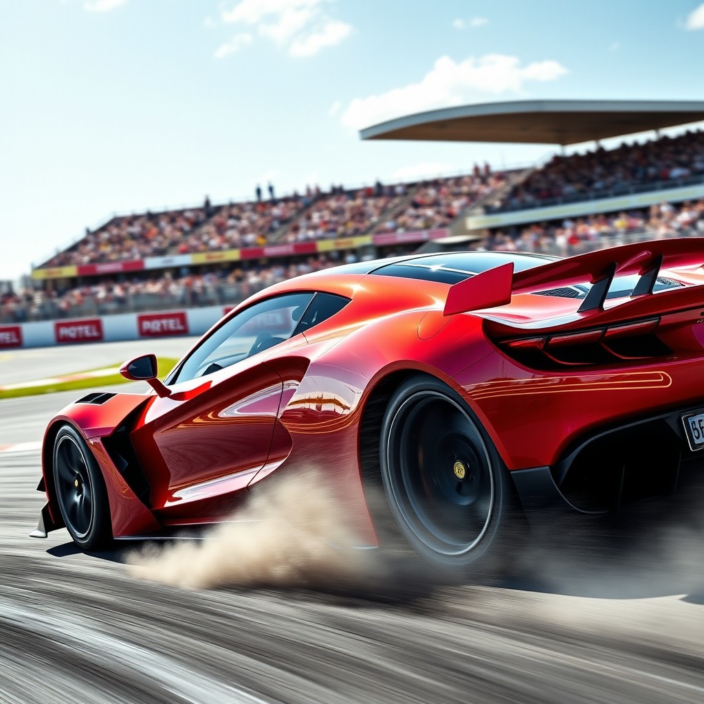 A sleek and modern racing car with a glossy red finish, featuring aerodynamic curves and a prominent rear spoiler