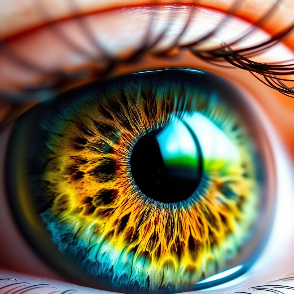 A highly detailed close-up of a human eye, showcasing intricate patterns in the iris, vibrant colors like deep blues and greens, with striking reflections and highlights on the wet surface of the eye