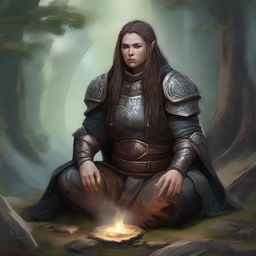 Immersed in deep meditation, a dwarven female kineticist, cloaked in rugged heavy armor, forms a peaceful tableau as the soothing energy of nature resonates and levitates around her, manifesting her solid bond with the elemental world.