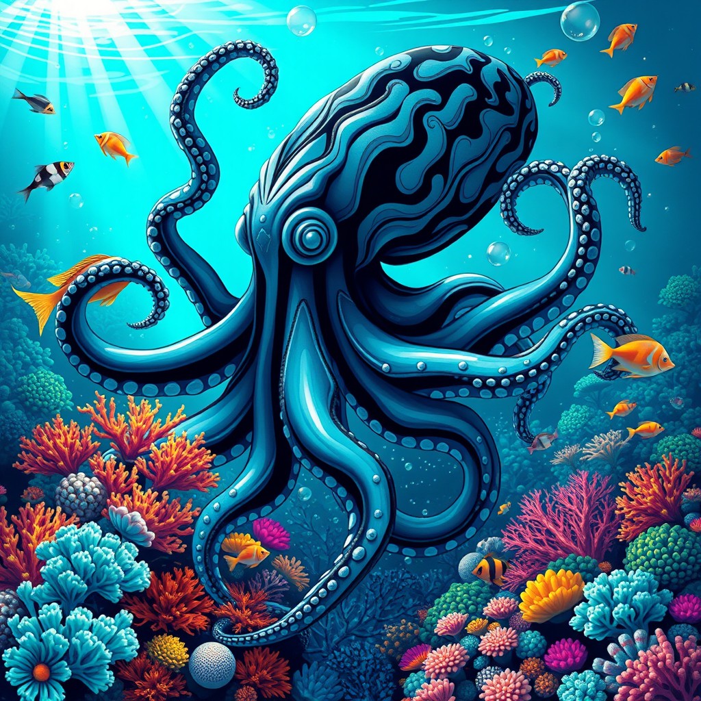 A stylish and artistic representation of a kraken, featuring elaborate tentacles swirling gracefully through a vibrant underwater scene