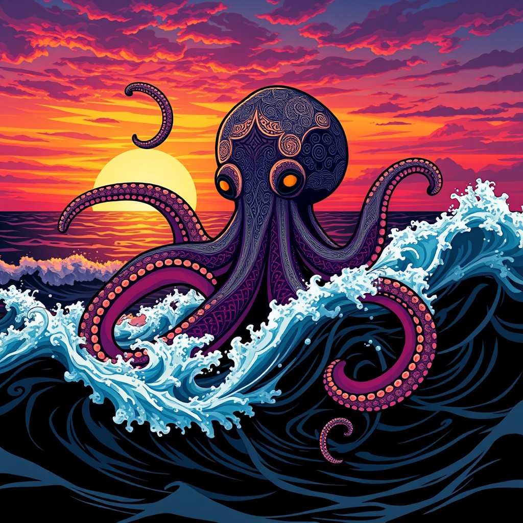 A stylish, artistic representation of a kraken emerging from the ocean