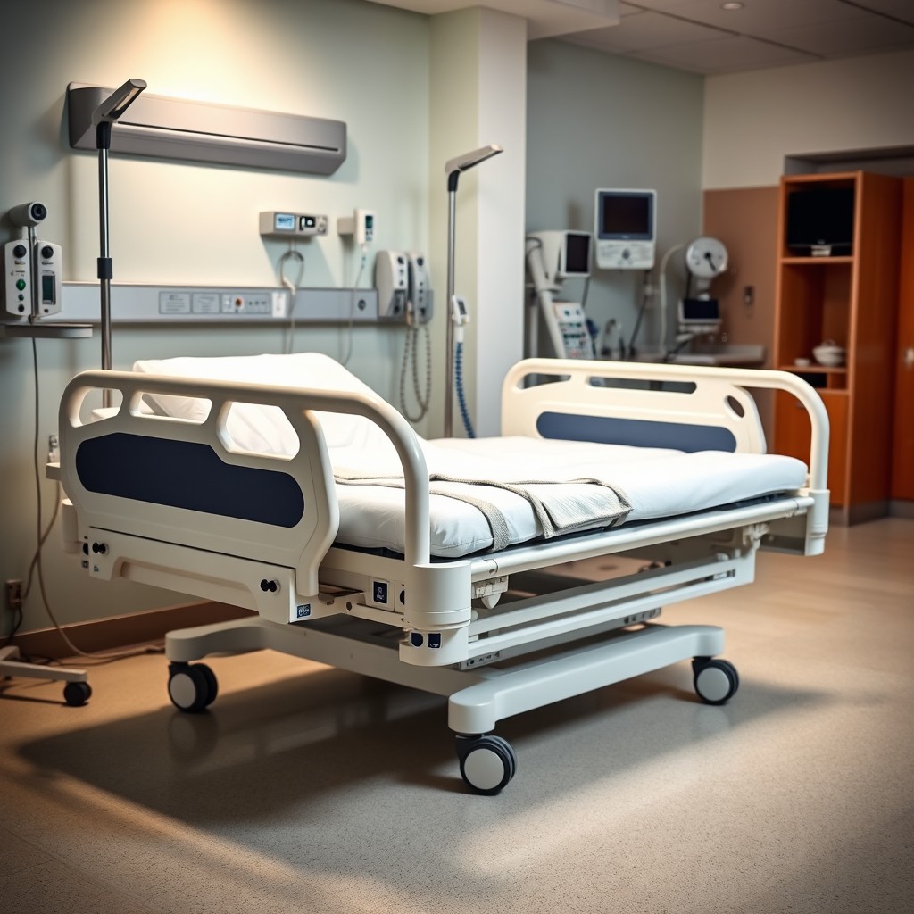 A nursing care bed equipped with safety rails and supportive features, designed for patient comfort and accessibility