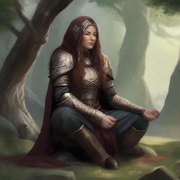 Immersed in deep meditation, a dwarven female kineticist, cloaked in rugged heavy armor, forms a peaceful tableau as the soothing energy of nature resonates and levitates around her, manifesting her solid bond with the elemental world.