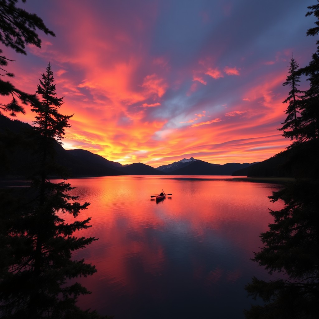 A majestic sunset over a calm lake, surrounded by verdant mountains