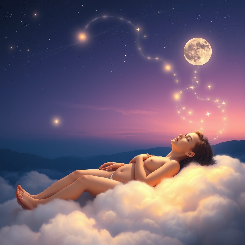 A serene figure lying on a soft cloud, gazing at the stars in a twilight sky that transitions from deep indigo to soft lavender