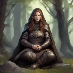 Immersed in deep meditation, a dwarven female kineticist, cloaked in rugged heavy armor, forms a peaceful tableau as the soothing energy of nature resonates and levitates around her, manifesting her solid bond with the elemental world.