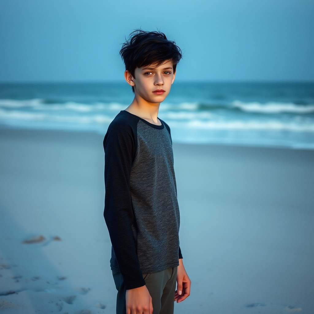 A slender, deadly pale teenage boy standing on a beach during the blue hour, just before sunrise