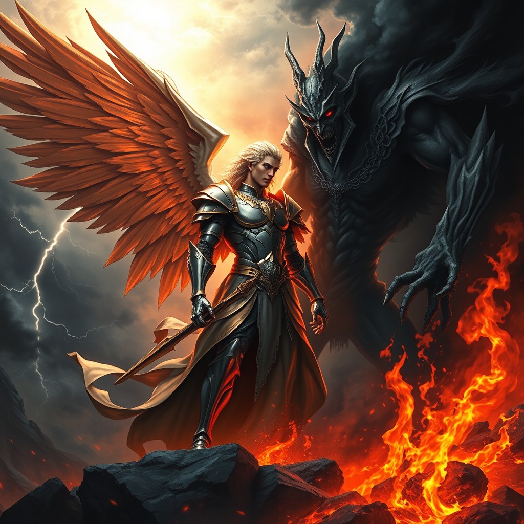 A dramatic and powerful illustration of the true battle between Lucifer and Satan, capturing the epic confrontation in a dark, fiery landscape