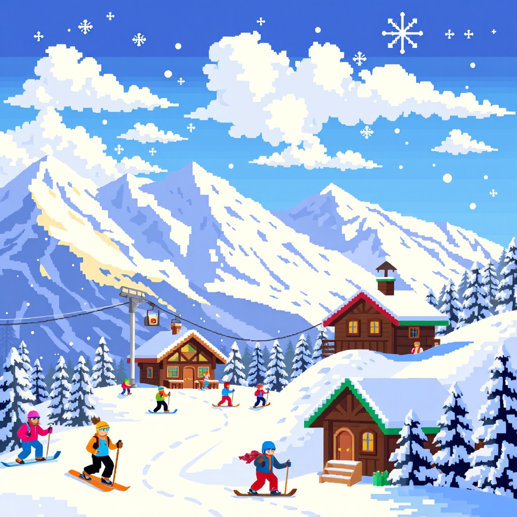 A vibrant pixel art scene depicting a ski resort with a charming ski lift amidst snow-covered mountains