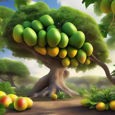 In the magical land of Eldoria, the Great Mango Tree grows, providing the enchanted creatures with its succulent fruits that bestow extraordinary powers.