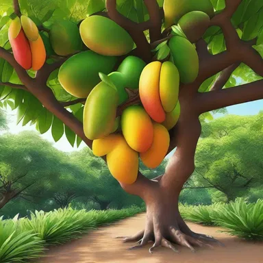 In the magical land of Eldoria, the Great Mango Tree grows, providing the enchanted creatures with its succulent fruits that bestow extraordinary powers.