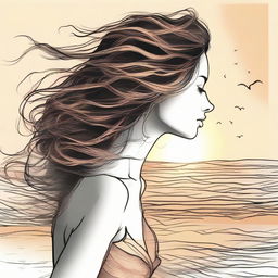 Craft a detailed drawing of a side-profile woman on a beach at sunset. Her hair is dramatically portrayed as flames, being swept up by the wind.