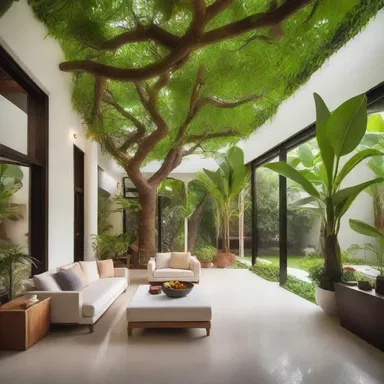 The luxurious villa featured a stunning indoor garden with a majestic mango tree at its center, creating a serene and tropical ambiance for the residents.