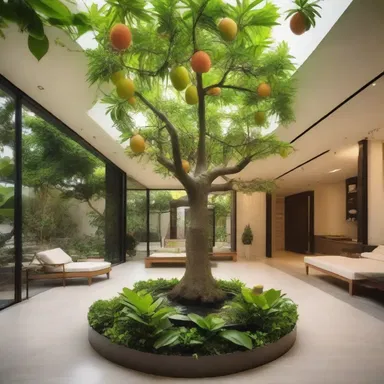 The luxurious villa featured a stunning indoor garden with a majestic mango tree at its center, creating a serene and tropical ambiance for the residents.