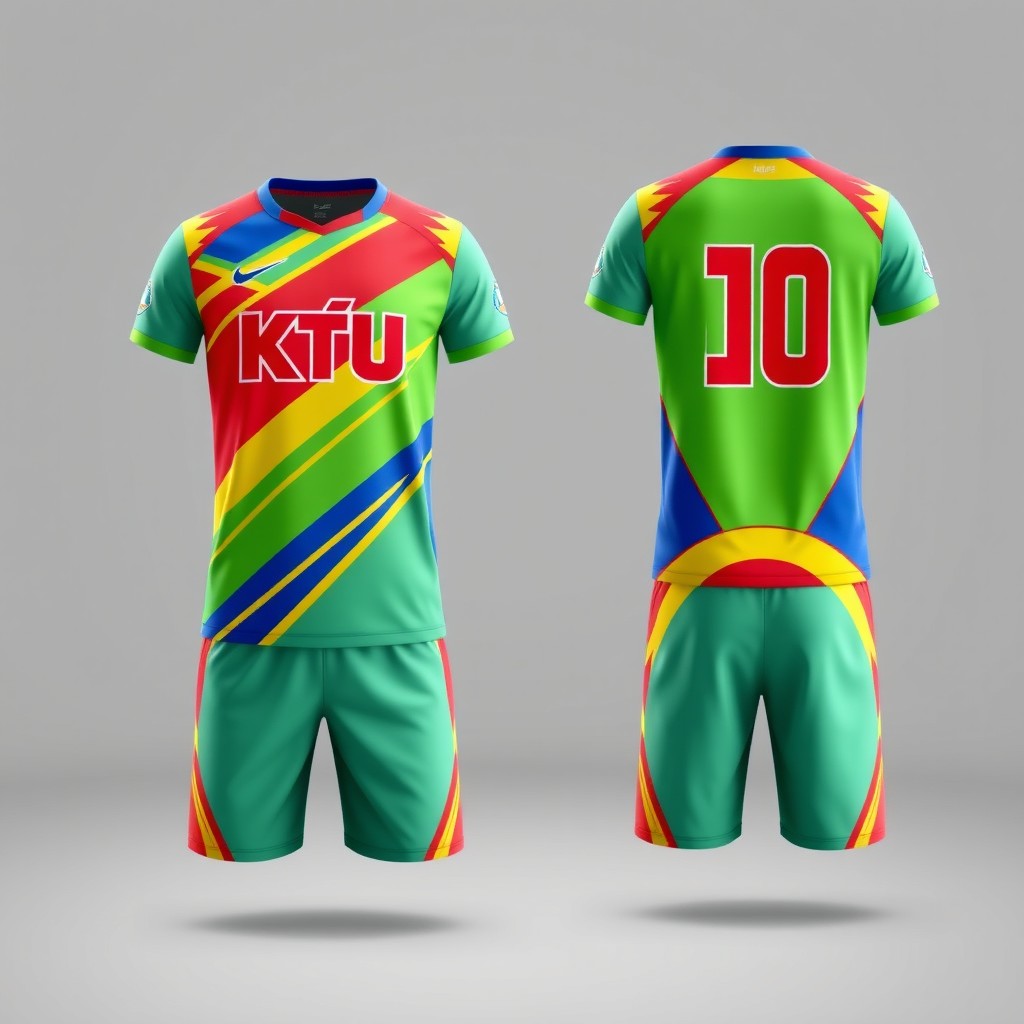 A vibrant and colorful school sports team uniform featuring the bold 'KTU' school logo prominently displayed on the chest