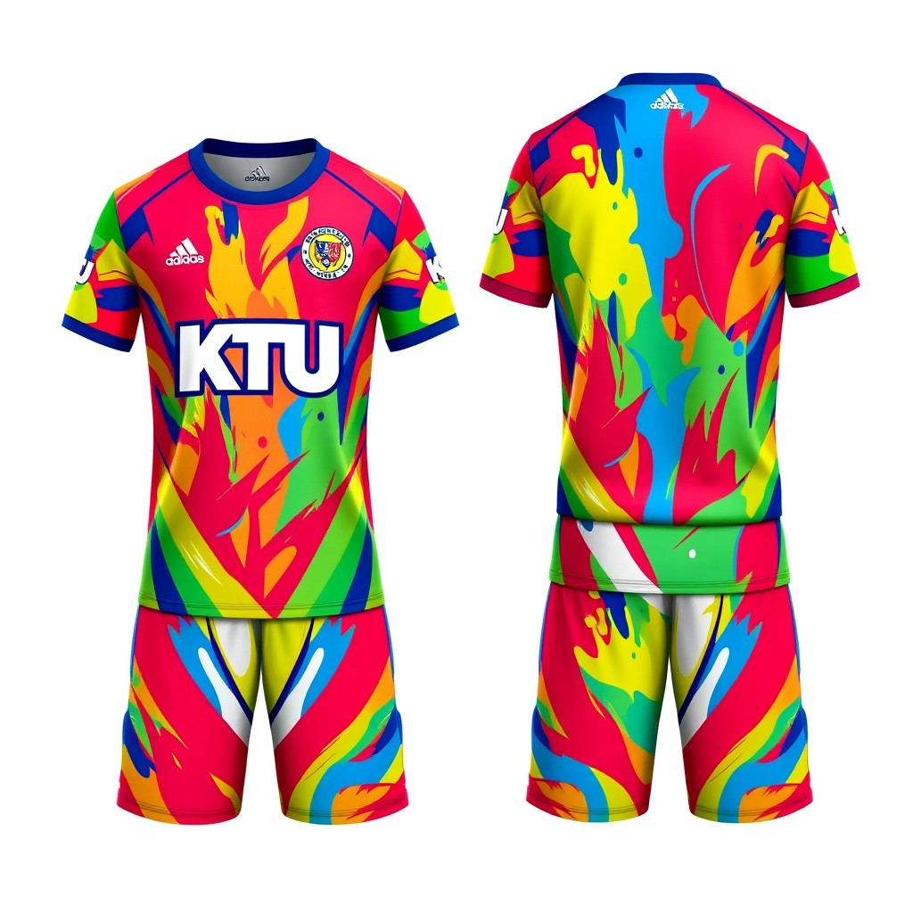 A vibrant and colorful school sports team uniform featuring the 'KTU' school logo prominently displayed