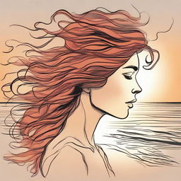 Craft a detailed drawing of a side-profile woman on a beach at sunset. Her hair is dramatically portrayed as flames, being swept up by the wind.