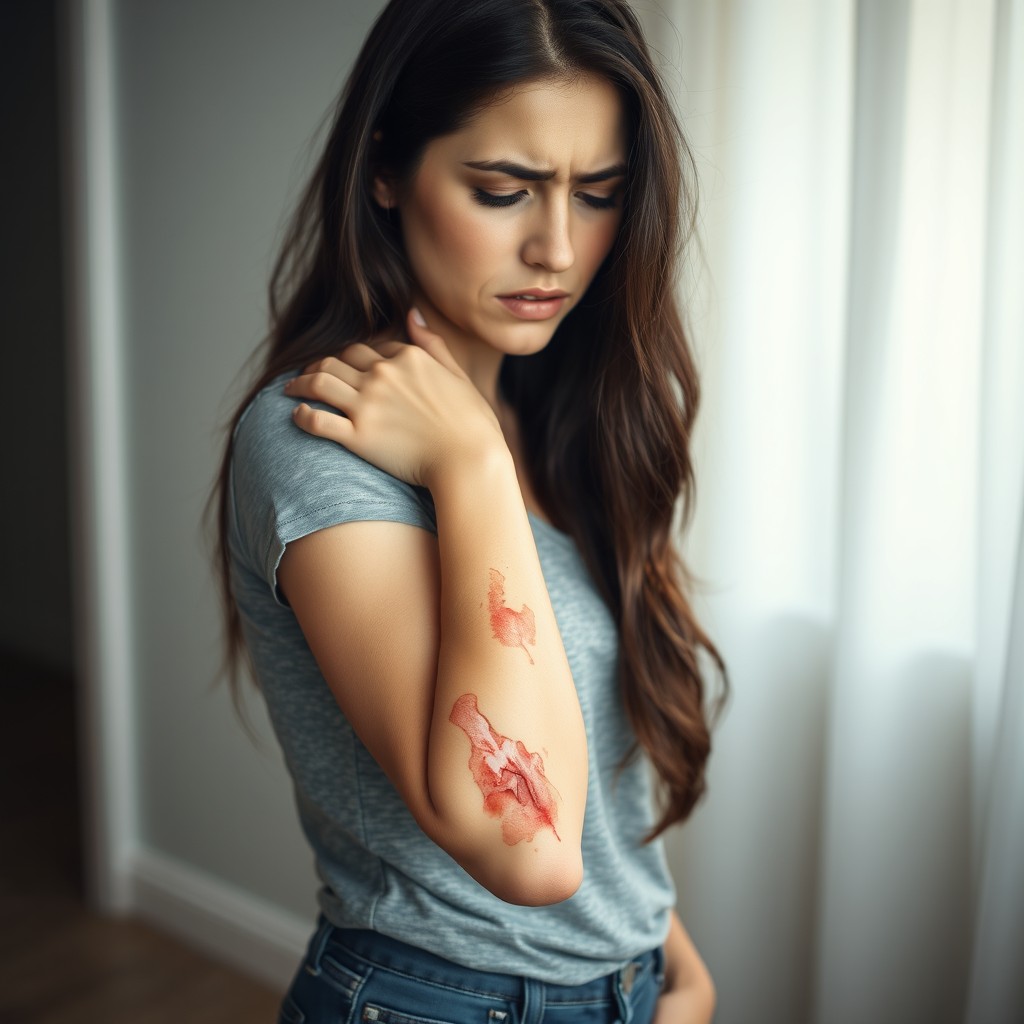 A full-body portrait of a woman standing, visibly distressed due to a burn on her arm