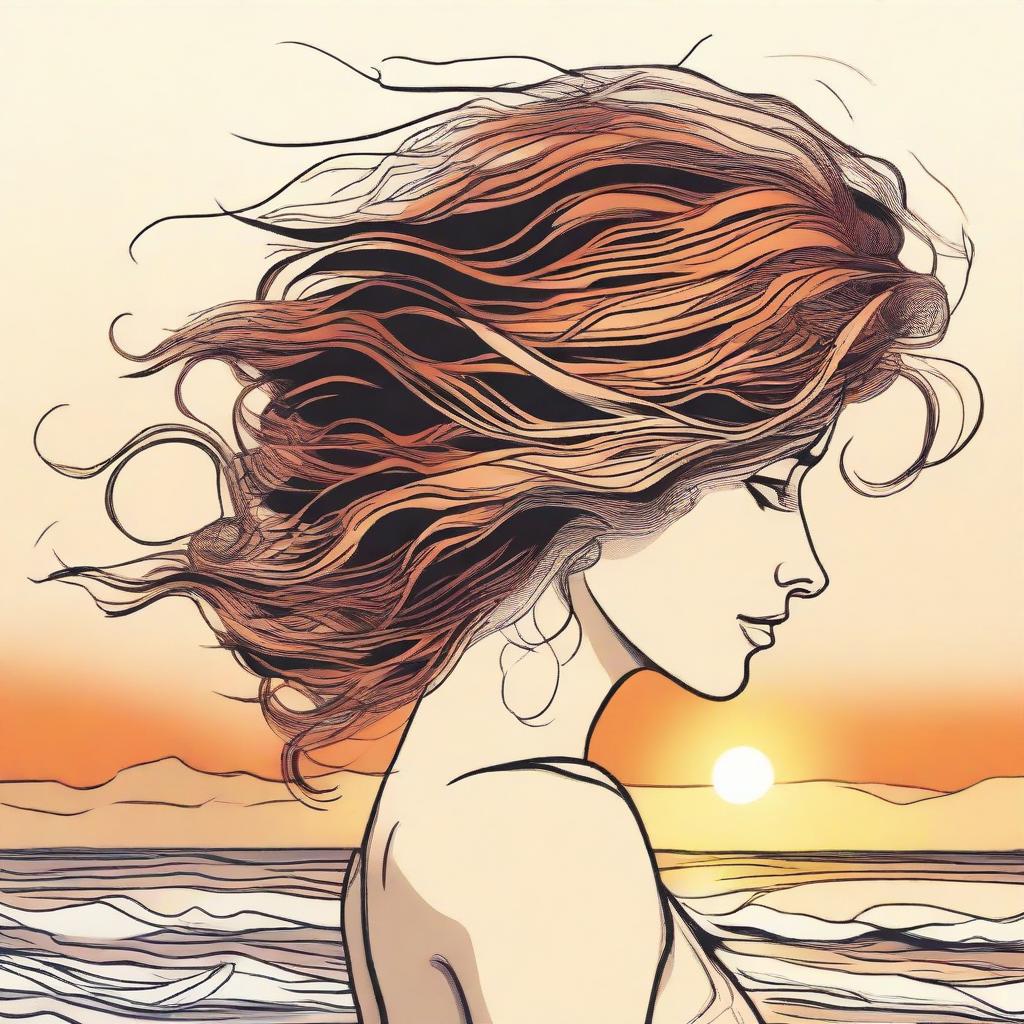 Craft a detailed drawing of a side-profile woman on a beach at sunset. Her hair is dramatically portrayed as flames, being swept up by the wind.